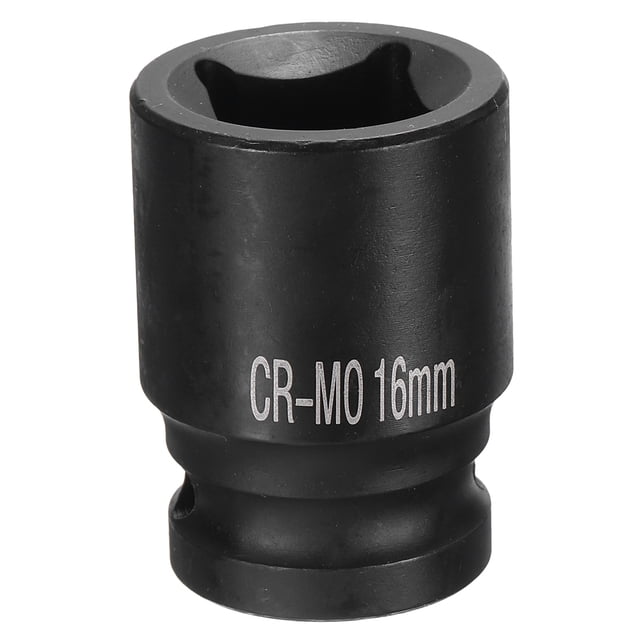 4 Point Square Socket 1/2" Drive 16mm Metric CR-MO Square Impact Wheel Socket displayed in a close-up view. Constructed from CR-MO alloy steel for high tensile strength and impact resistance, with a blackened surface to prevent rust. Features a 4-point square design for secure grip on square head bolts and nuts, engraved size markings for quick identification, and an anti-drop hole for safe use with pneumatic wrenches. Ideal for automotive repair, hand tools, construction, and machinery maintenance.