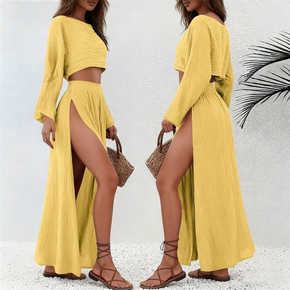 LEKWK Linen Sets for Women 2 Piece Long Sleeve Crewneck Crop Tops High Slit Flowy Maxi Skirts Summer Fashion Boho Beach Vacation Outfits