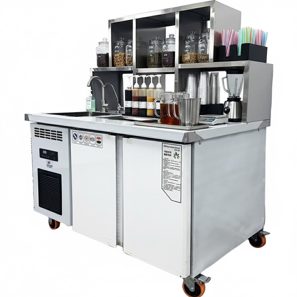 48" Bubble Tea Workstation Refrigerator, Commercial Boba Prep Station with Sink, Cold Well & Undercounter Cooler, 110V Stainless Steel Bar Station