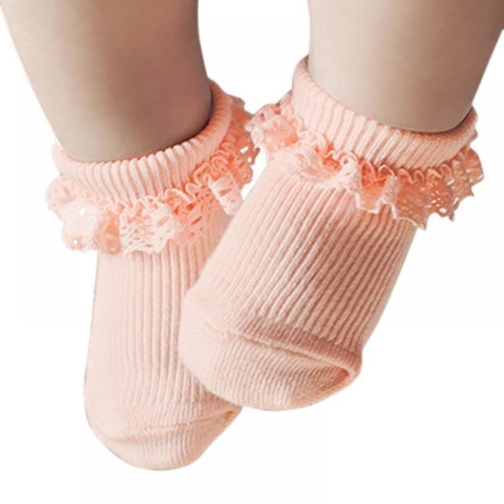 Slopehill Toddler Latest Newborn Baby Girl Socks Lace Ruffle Trim Antiskid Baby Socks Gifts for 0-2 Years, Infant Girl's, White