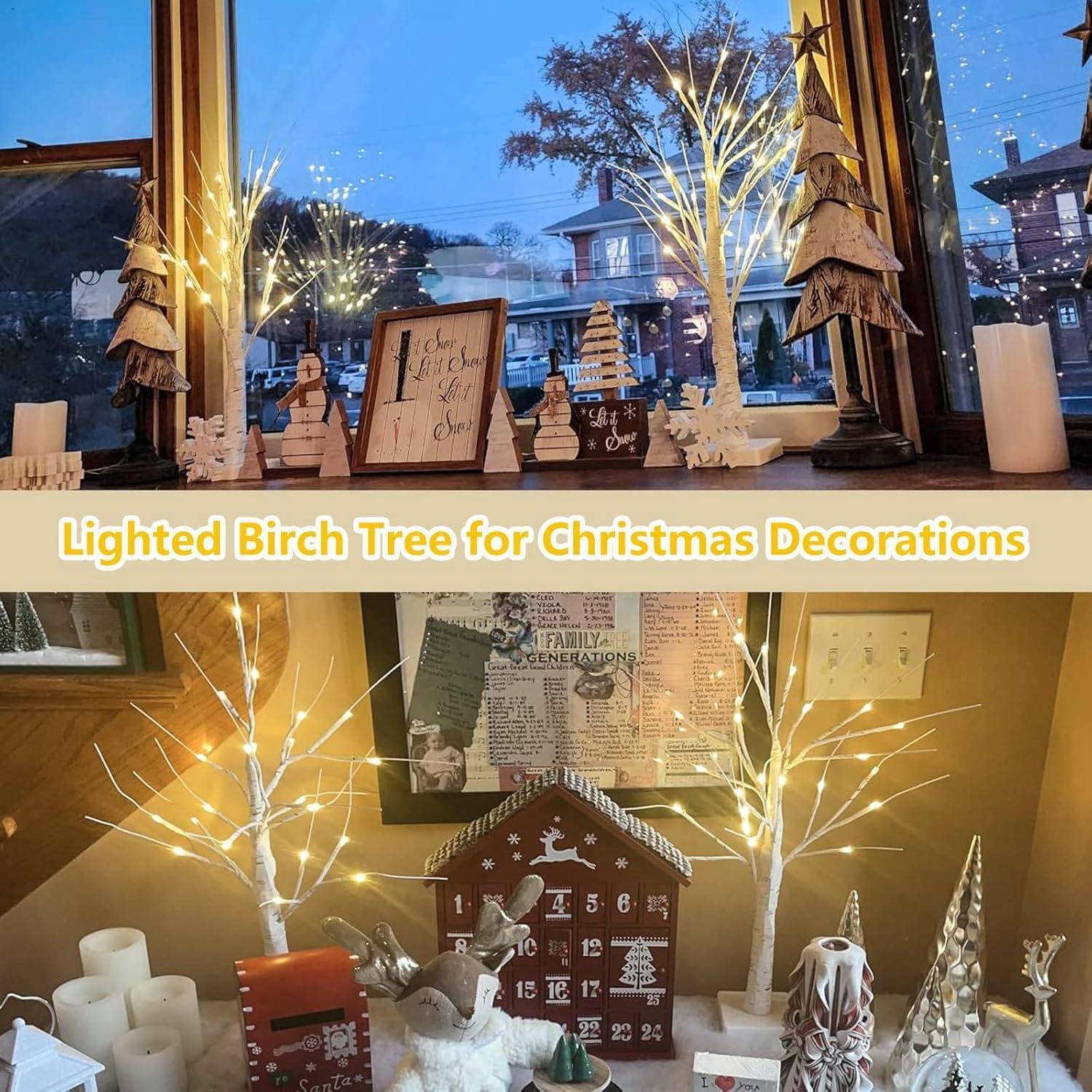 4-Pack 2FT Lighted Birch Tree with Timer for Christmas Decorations Indoor, Artificial Birch Tree with 48 LED Warm White Lights, Fairy Light Tabletop Centerpiece Tree for Christmas Winter