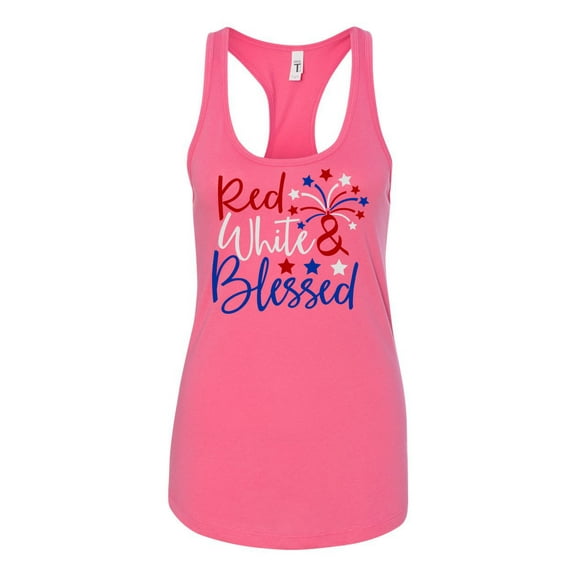 Women's Red, White, and Blessed Patriotic Fourth of July Independence Day Racerback Tank Top Graphic Tee-Hot Pink-large