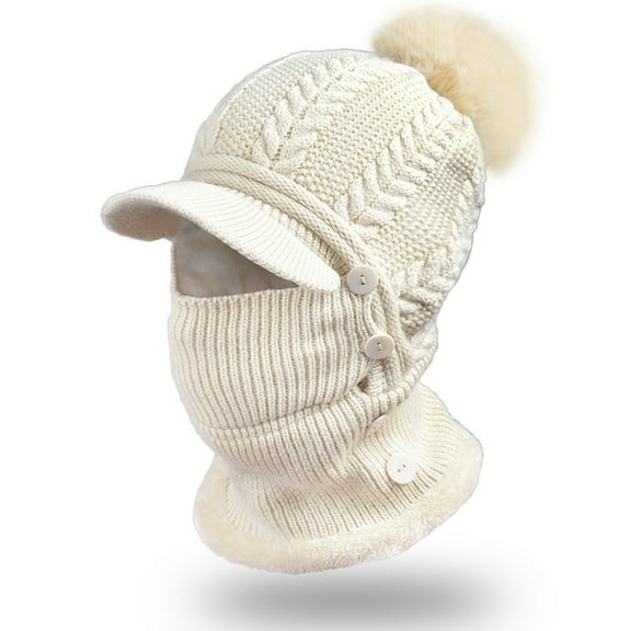 Dyfzdhu Winter Women Knitted Pullover Warmth Ear Protection Wool Sweater Hat Beige