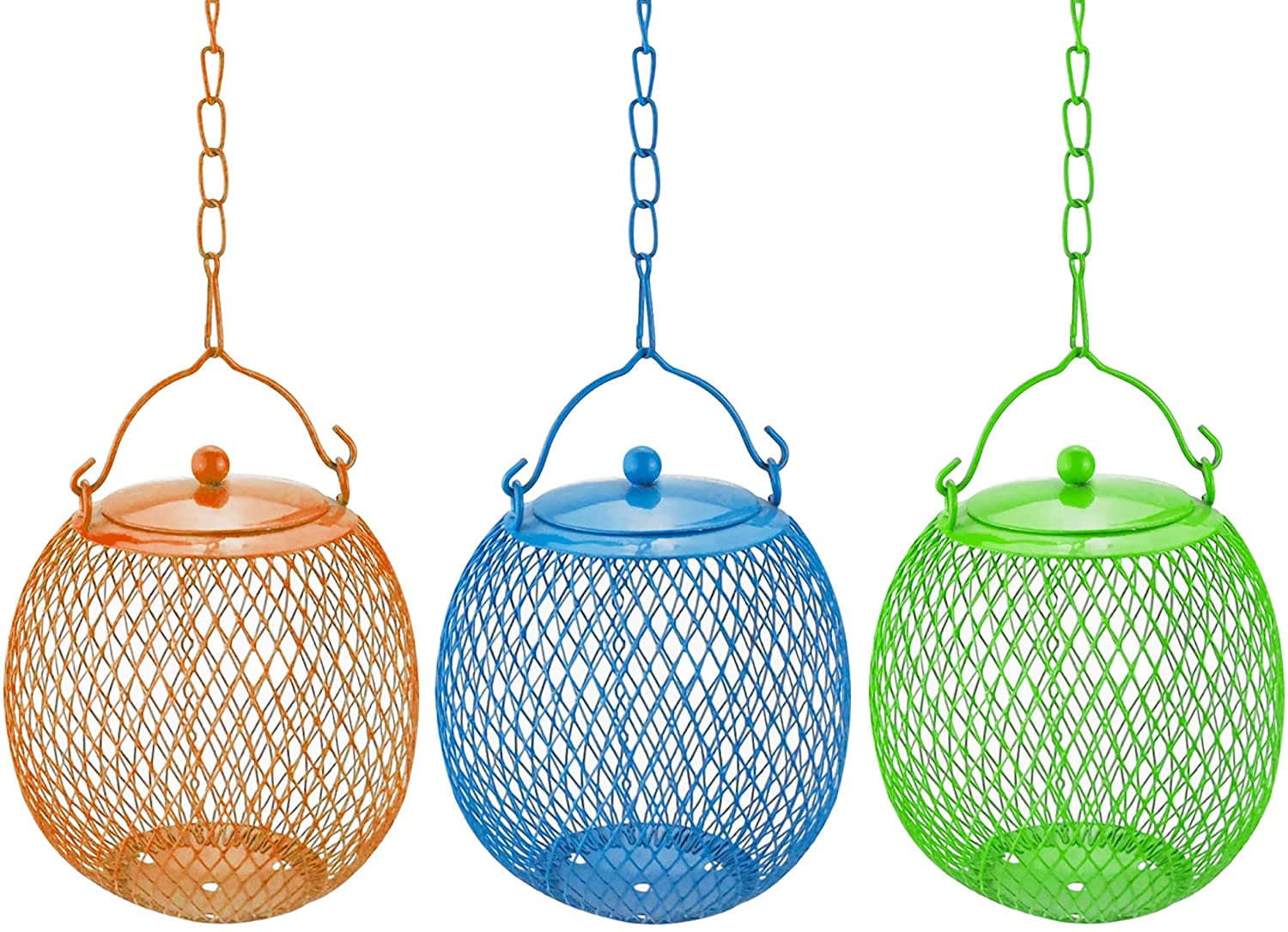 Metal Bird Feeders for Outside Wild Birds Ball Hummingbird Feeder, Squirrel Proof Bird Feeders for Bird Seed Birdfeeders Outside Hanging Decoration Garden Feeder (3pcs- Green, Blue Orange)