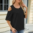 thumbnail image 5 of ICHUANYI Womens Spring And Summer Off The Shoulder Crew Neck Lace Patchwork 3/4 Sleeve Loose Tops Cloth New Trending, 5 of 8