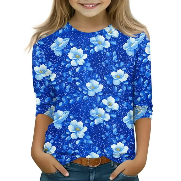 YOUYEDAIN 3/4 Sleeve Shirts for Child Girls 11-12 Crew Neck Tunic Tops Causal Teen Girls Clothes Loose Fit Blouses Blue 11-12 Years