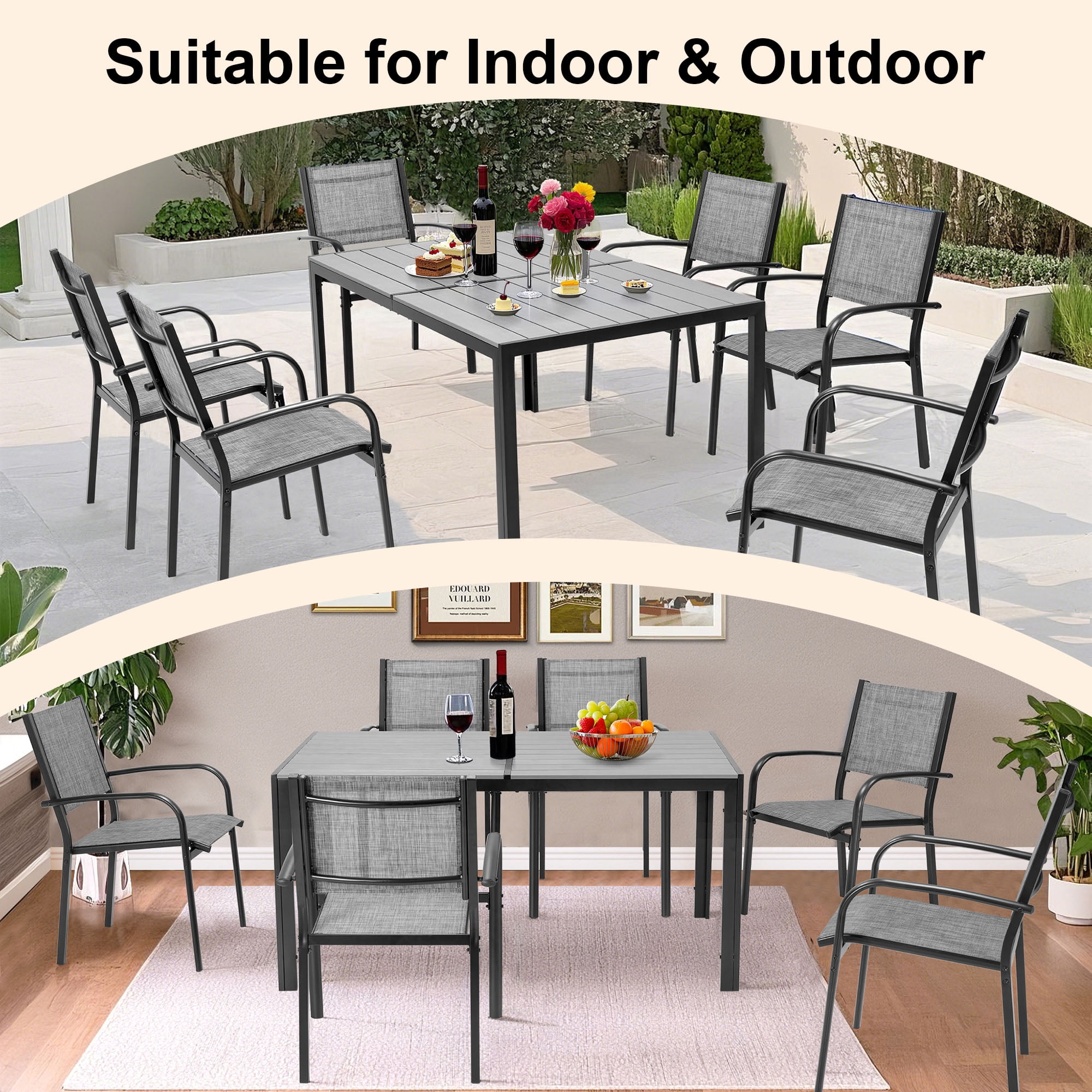 Seizeen 7 Pieces Patio Dining Set, Outdoor Patio Furniture Set, Plastic-wood Table Top with Steel Frame, Dining Set w/Gray Textilene Chairs for Backyard, Garden and Poolside