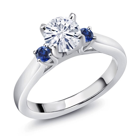 Gem Stone King 925 Sterling Silver White Moissanite and Blue Created Sapphire 3-Stone Engagement Ring for Women (0.90 Cttw, Round 6MM, Gemstone Birthstone, Size 5)