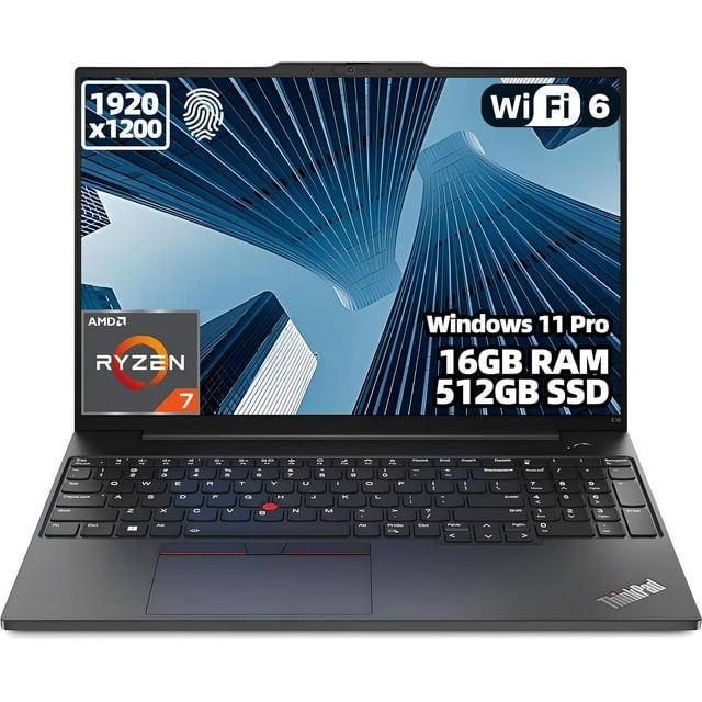 Lenovo ThinkPad E16 Ordinateur Portable Professionnel avec un Écran WUXGA de 16,0 Pouces Doté d'Une Résolution 1920x1200 et d'Un Format d'Image 16:10. Alimenté par un Processeur AMD Ryzen 7 7735U, 16 Go de RAM DDR5 et un SSD PCIe de 512 Go. Comprend des Graphiques AMD Radeon 660M, Windows 11 Pro, un Clavier Rétroéclairé avec Pavé Numérique, Lecteur d'Empreintes Digitales, Thunderbolt 4, Wi‐Fi 6 et Bluetooth 5