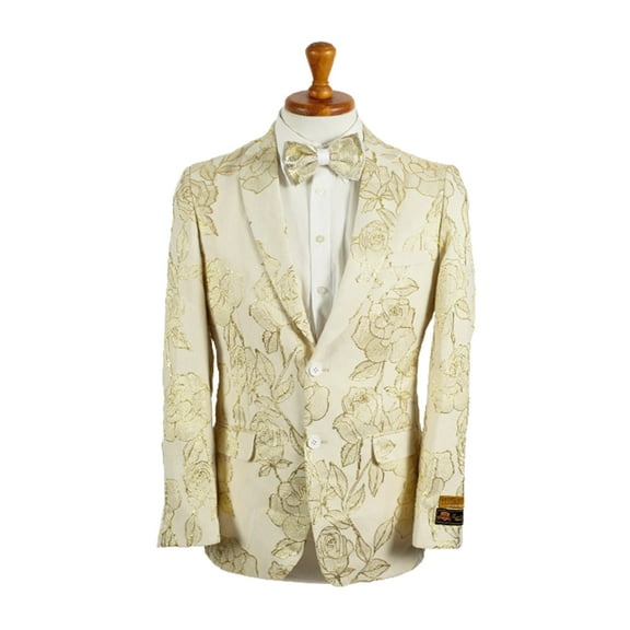 Mens 2 Button Ivory & Gold Foil Floral Paisley Prom & Wedding Blazer By Alberto Nardoni Brand Designer