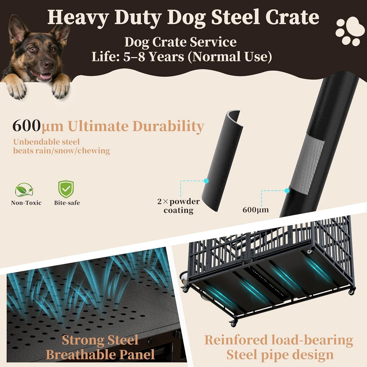 POAO 48"Heavy Duty Indestructible Dog Crate, Extra Large Metal Dog Kennel with 2 Adjustable Bowls, Open Top & Lockable Wheels, Escape Proof Indoor Cage for High Anxiety Big XL Dogs