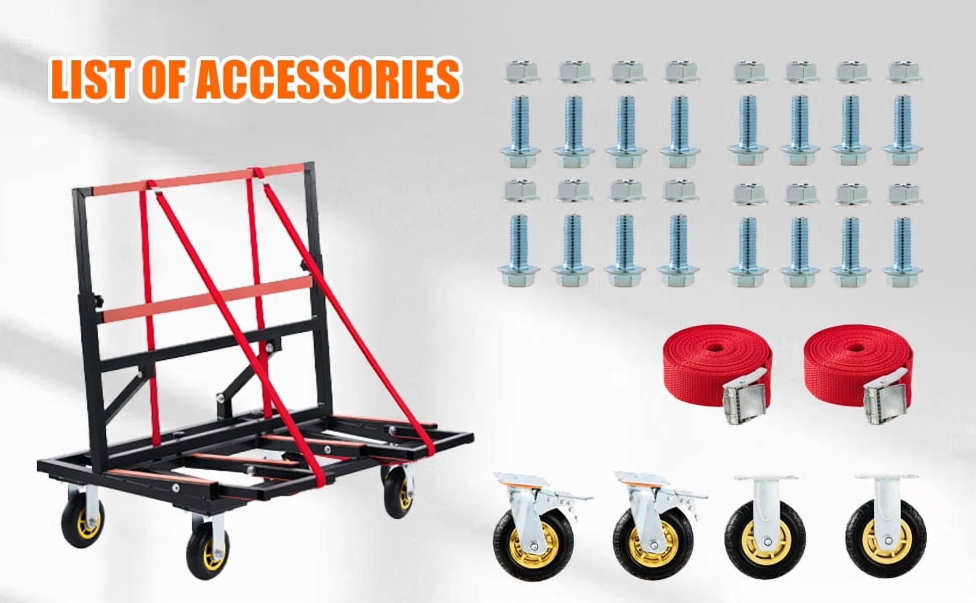 Folding Drywall Dolly with 4X6" Casters, 2000 LBS Load Capacity, Expandable Deck and Back Frame, Portable Panel Cart for Versatile of Handling Plywood, Plasterboard, Glass with 2PCS Tie-Down Strapp
