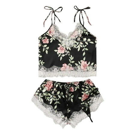 

Womens Pajama Sets Lingerie 3PC Satin Lace Silk Camisole Shorts Thong Set Printing Pajamas
