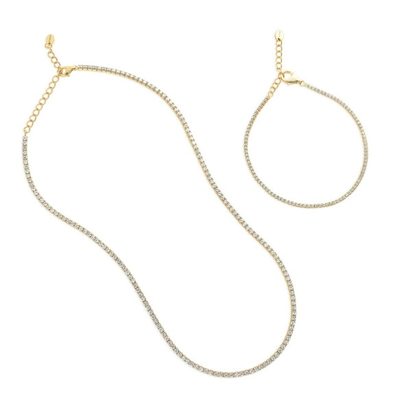 BERRICLE Sterling Silver Round Cut Cubic Zirconia CZ Fashion Choker Necklace and Tennis Bracelet Set for Women, Yellow Gold Flashed, Clear