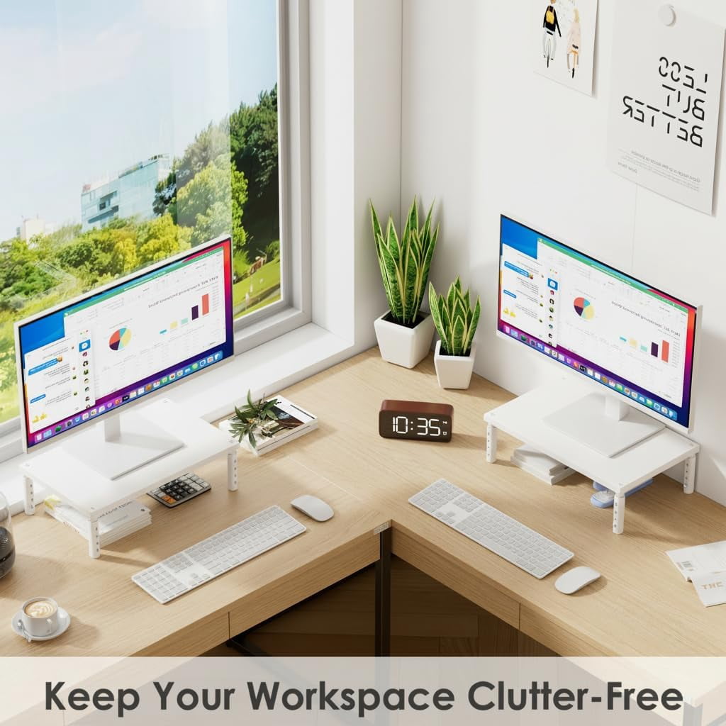 Monitor Stand Riser for Desk, Adjustable Computer & Laptop Stand, Desk Organizer for Monitor, Laptop, PC, Printer, Office Desk Accessories for Home & Office, White Wood