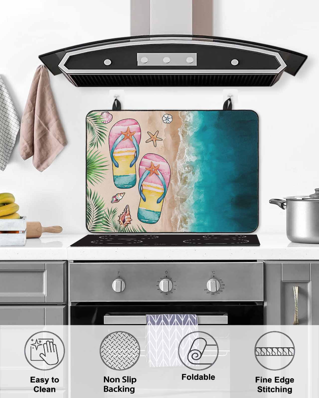 nqOlkjepod Large Induction Cooktop Protector Mat 24"x21", Summer Beach Coastal Stove Top Covers for Electric Stove, Slippers Palm Leaf Shells Coral Stove Burner Cover Mats, Glass Top Stove Cover