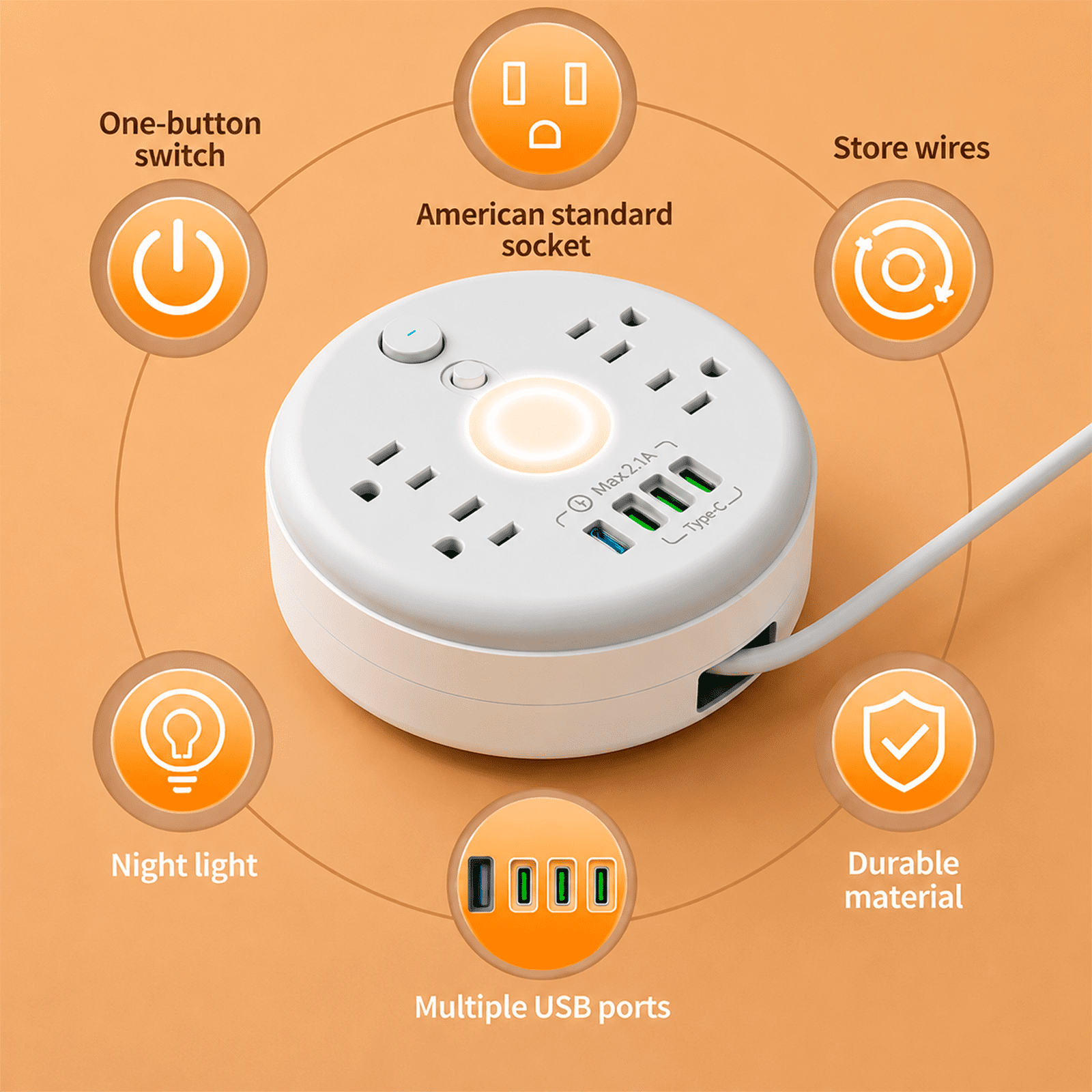 Extendable Power Socket Extender with 2.8m Retractable Cord, 4 AC Outlets, USB-A and USB-C Ports for Bedside, Desk, Sofa