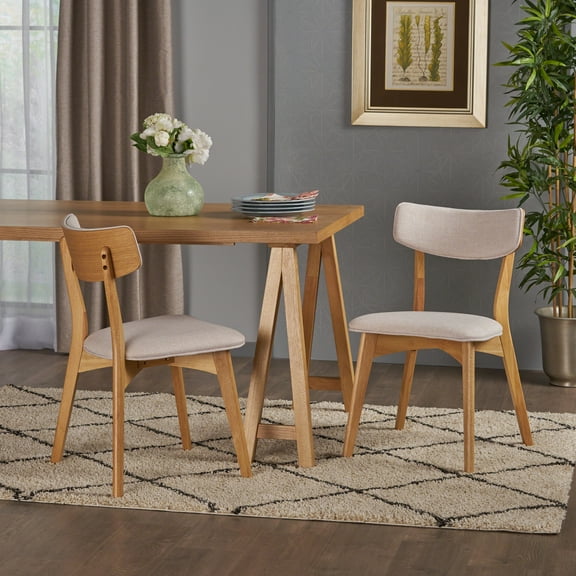 Abrielle Mid Century Modern Dining Chairs with Rubberwood Frame, Set of 2, Light Beige and Natural Oak