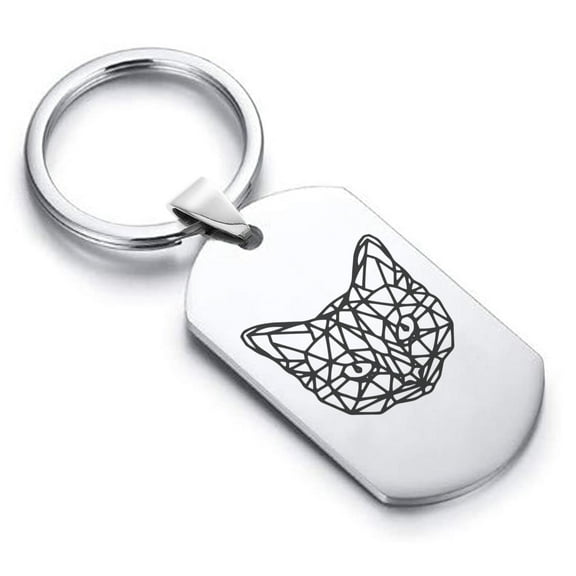 Stainless Steel Geometric Polygon Cat Animal Dog Tag Keychain Circle Ring