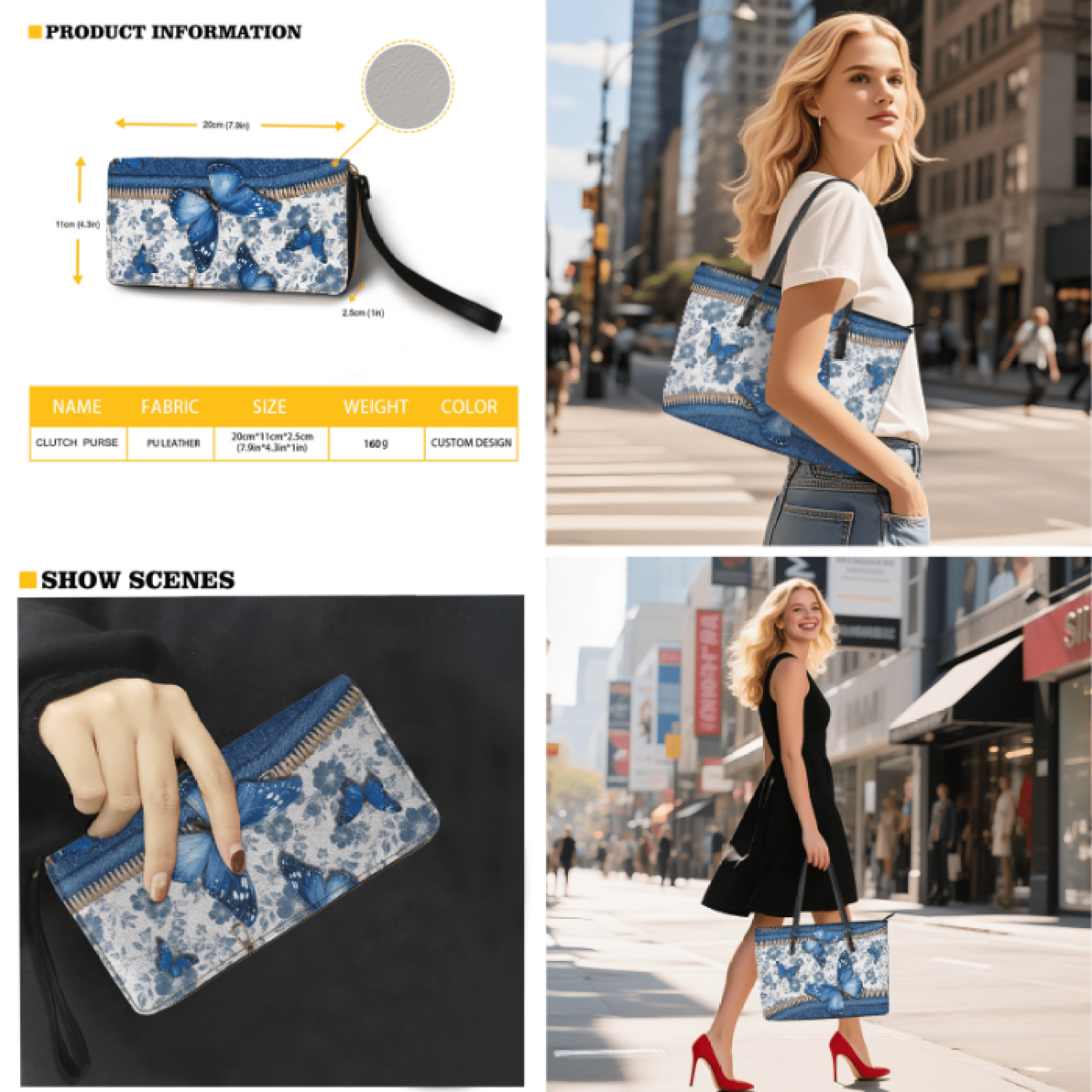 Tutolipy Butterfly Denim Pattern 3 Piece Shoulder Purse for Women, Lightweight Long Purse, Personalized Everyday Fashion Underarm Shoulder Bag for Shopping