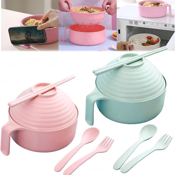 ACDANC Microwave Ramen Bowl Set with Lid and Utensils, 33 Oz Portable Noodle Cooker, Wheat Fiber Instant Soup Bowl for College Dorm, Dishwasher Safe