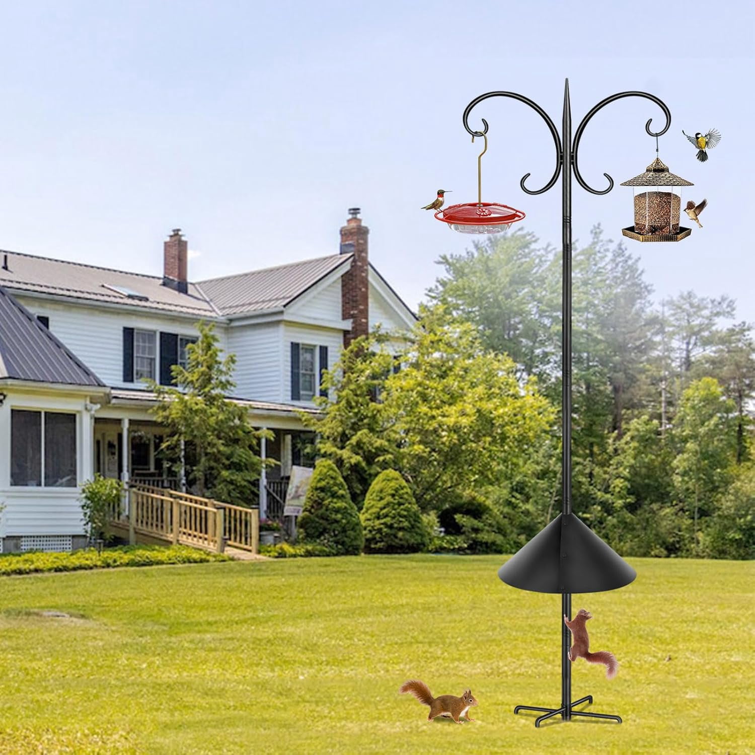 KOLAKO Bird Feeding Station, 223cm Heavy Duty Bird Feeder Pole with Squirrel Baffle,  Metal Shepherds Crook Hooks for Hanging Garden Lights Lanterns Plant Basket