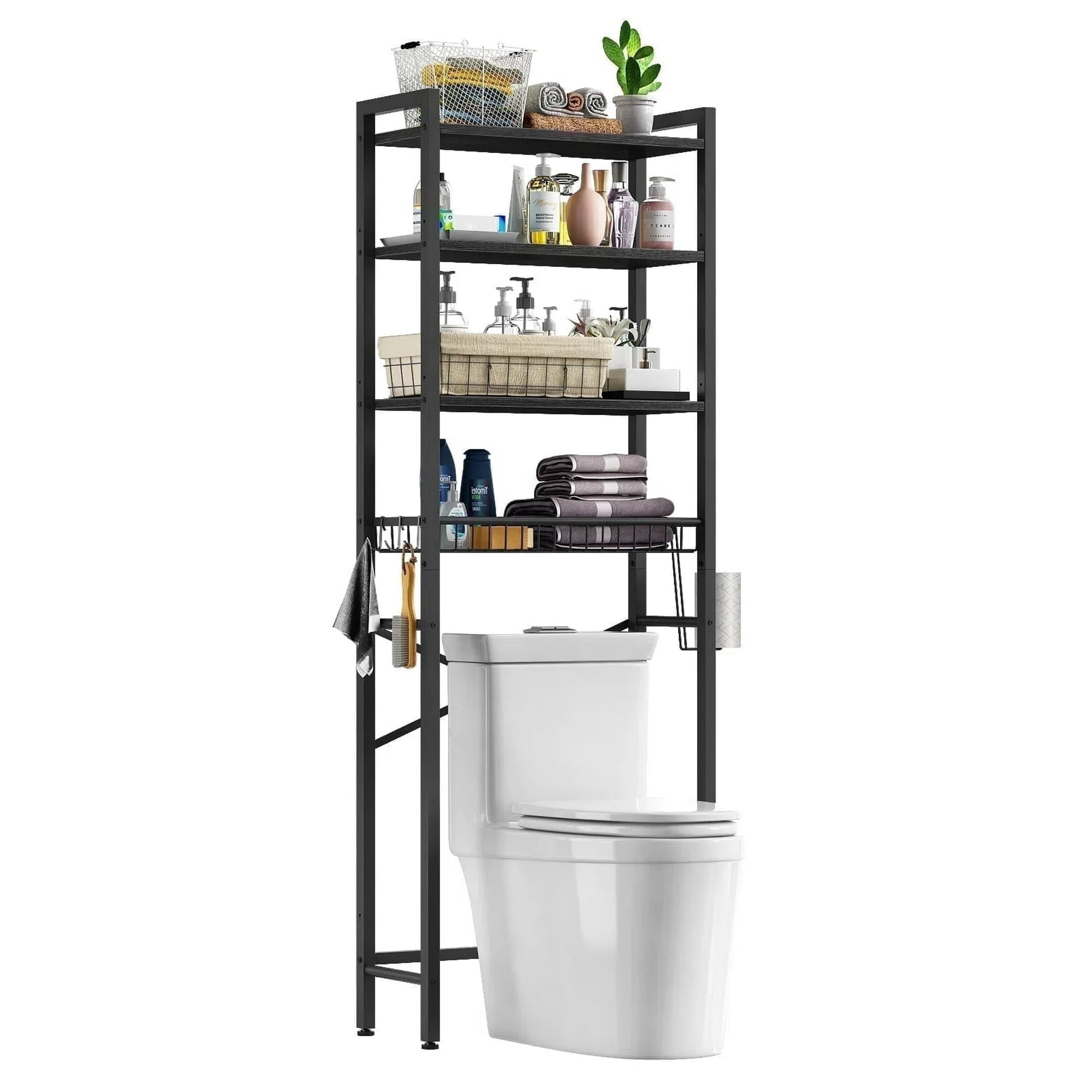 Biemlerfn Over The Toilet Storage Shelf, 4-Tier Wooden Bathroom Organizer Adjustable Saver Space Rack with Toilet Paper Holder, Classic Black