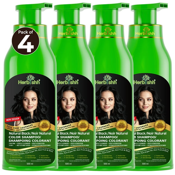(4 pack) Herbishh Black Color Shampoo for Gray Hair, Permanent, Men & Women (500 ml)