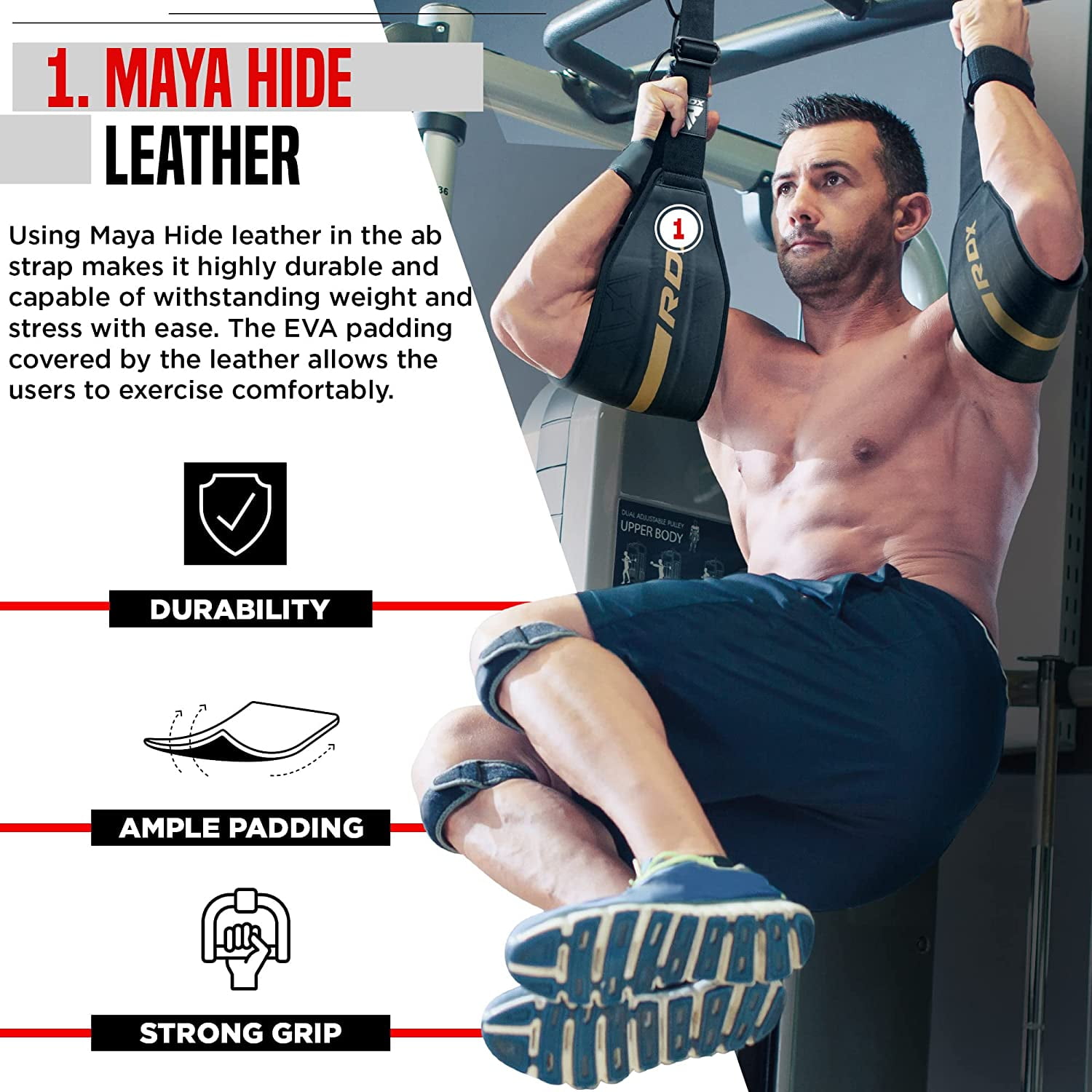 RDX Ab Straps, N-TearX Maya Hide Leather, 6mm Neoprene Padding, Abdominal Trainers