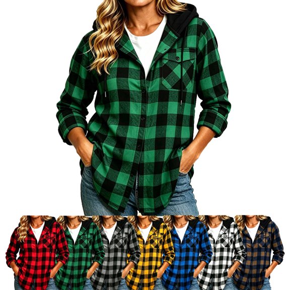 SYwaren Women's Hooded Plaid Shirt Button Down Long Sleeve Fashion with Pockets Stylish Top