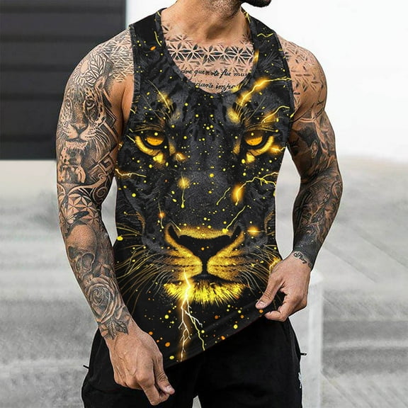 Sakmal Yellow Men Tank Tops Scoop Neck Yellow Lightweight Lion Stringer Camisole Graphic Muscle Tunic Tops
