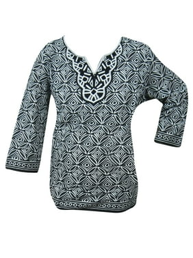 Mogul Women Black,White Blouse Printed Cotton Long Sleeves Tunic Kurti