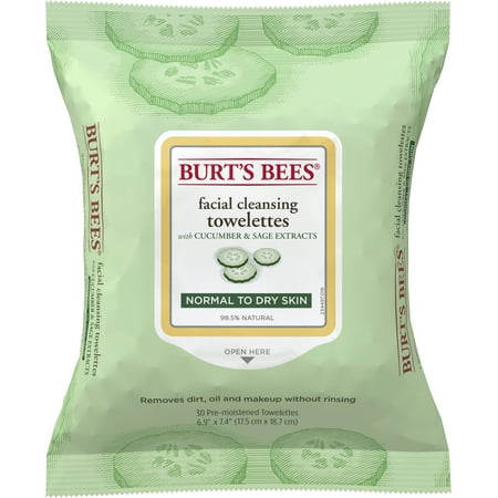 Burt's Bees Facial Cleansing Towelettes for Normal to Dry Skin, Cucumber and Sage, 30