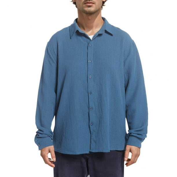 Camisa informal de lino para hombre con botones, manga larga y corte holgado, mezcla de poliéster para otoño, cuello en V, tallas S-XXXL, lavable a máquina