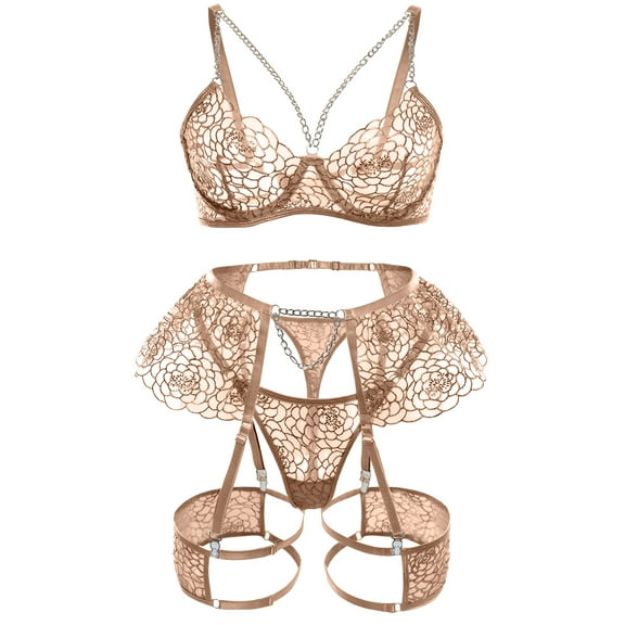 Ausing Lingerie Sets for Women Bra and Panty Set Teddy Babydoll Lace Ruffle Garter Belt Metal Chains Push Up Adjustable Outfits 3 Piece Khaki S
