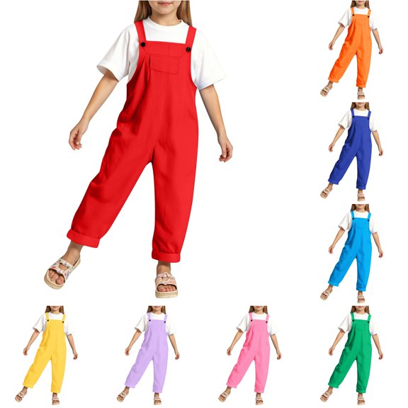 Rhuody Girl'S Onesie Summer Round Neck Sleeveless Solid Color Suspenders Jumpsuit 6-7 Years Red