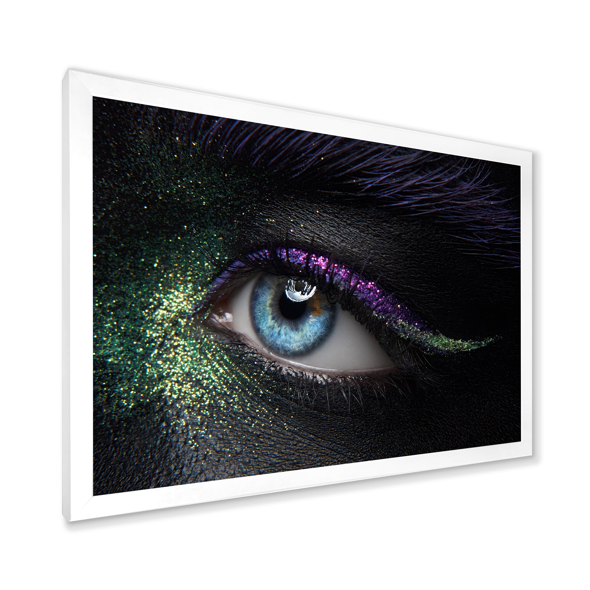Designart 'Woman Eyes With Green & Purple Pigment & Sparkles' Modern Framed Art Print