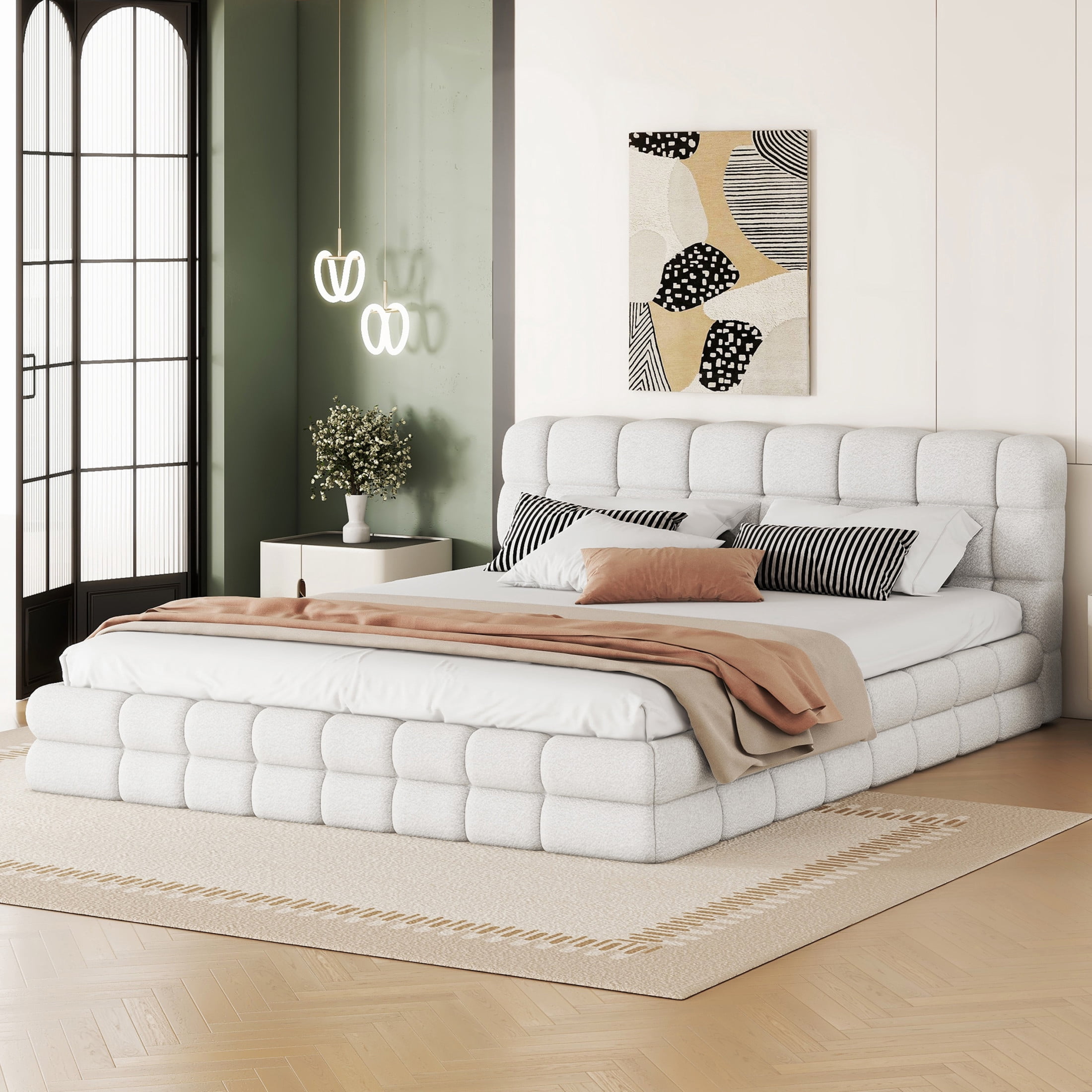 Noble House Queen Upholstered Platform Bed, Modern Velvet Headboard with Wood Slats Support, Bedroom Bed Frame, White