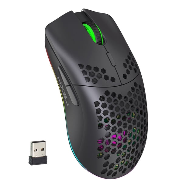 Ratón Bluetooth de carga rápida, ratones inalámbricos para juegos Honeycomb, ligero, 3 modos con retroiluminación RGB Rainbow-negro mate
