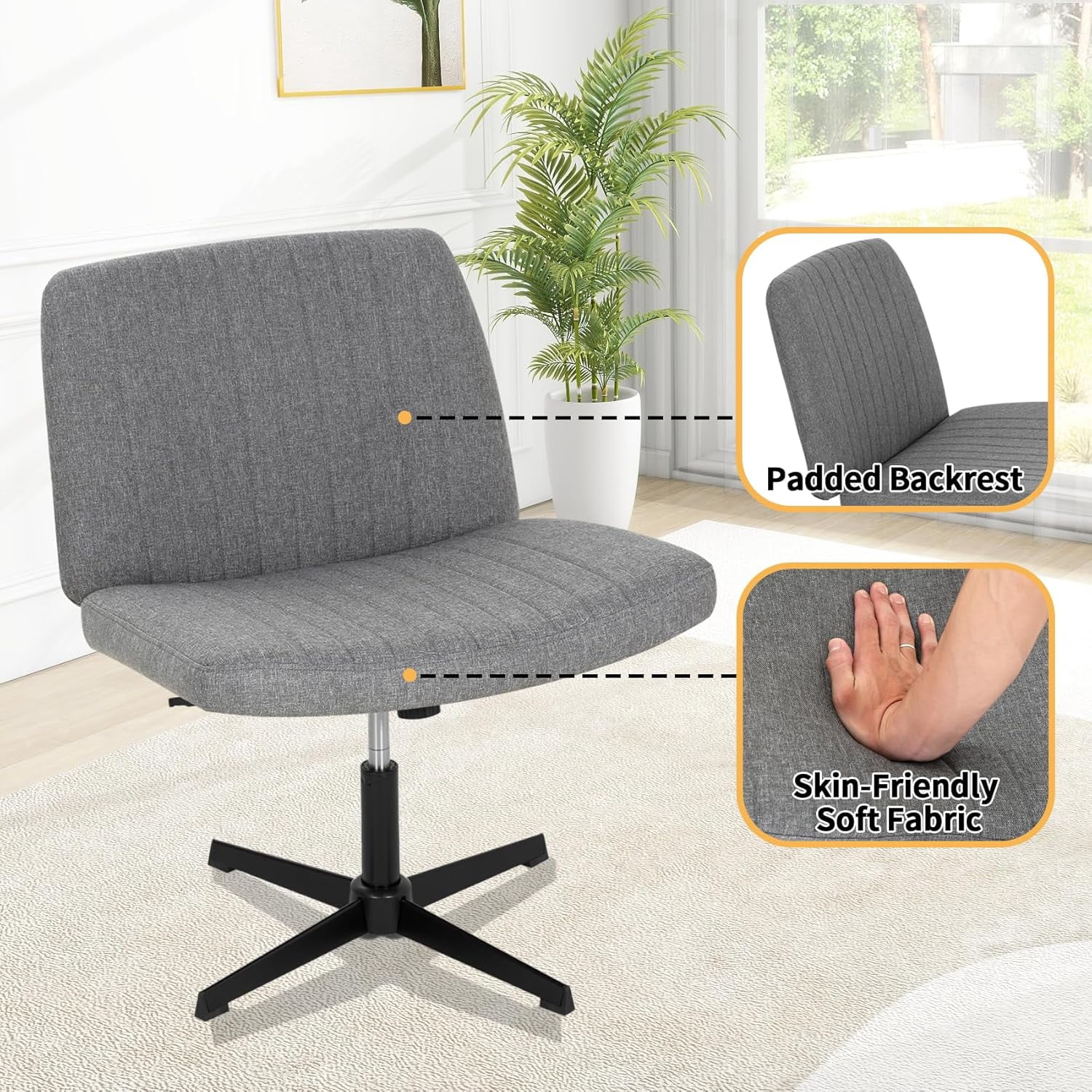 XF XINFENG Criss Cross Task Chair Armless No Wheels Modern Swivel Height Adjustable 250lb Capacity  Ergonomic Desk With Wide Seat Back Computer Vanity Home Office Chairs, Grey