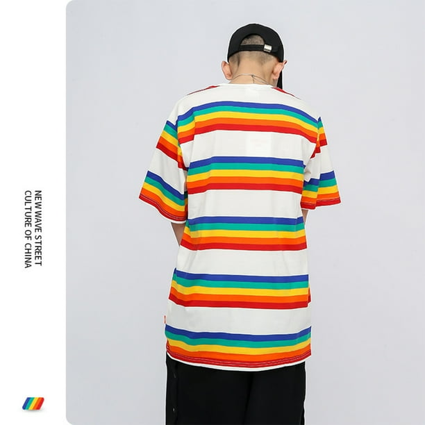 Camiseta de rayas de colores del arco iris para mujer cuello redondo manga corta basica blusa superior camisa de arcoiris para mujeres y hombres Walmart en linea