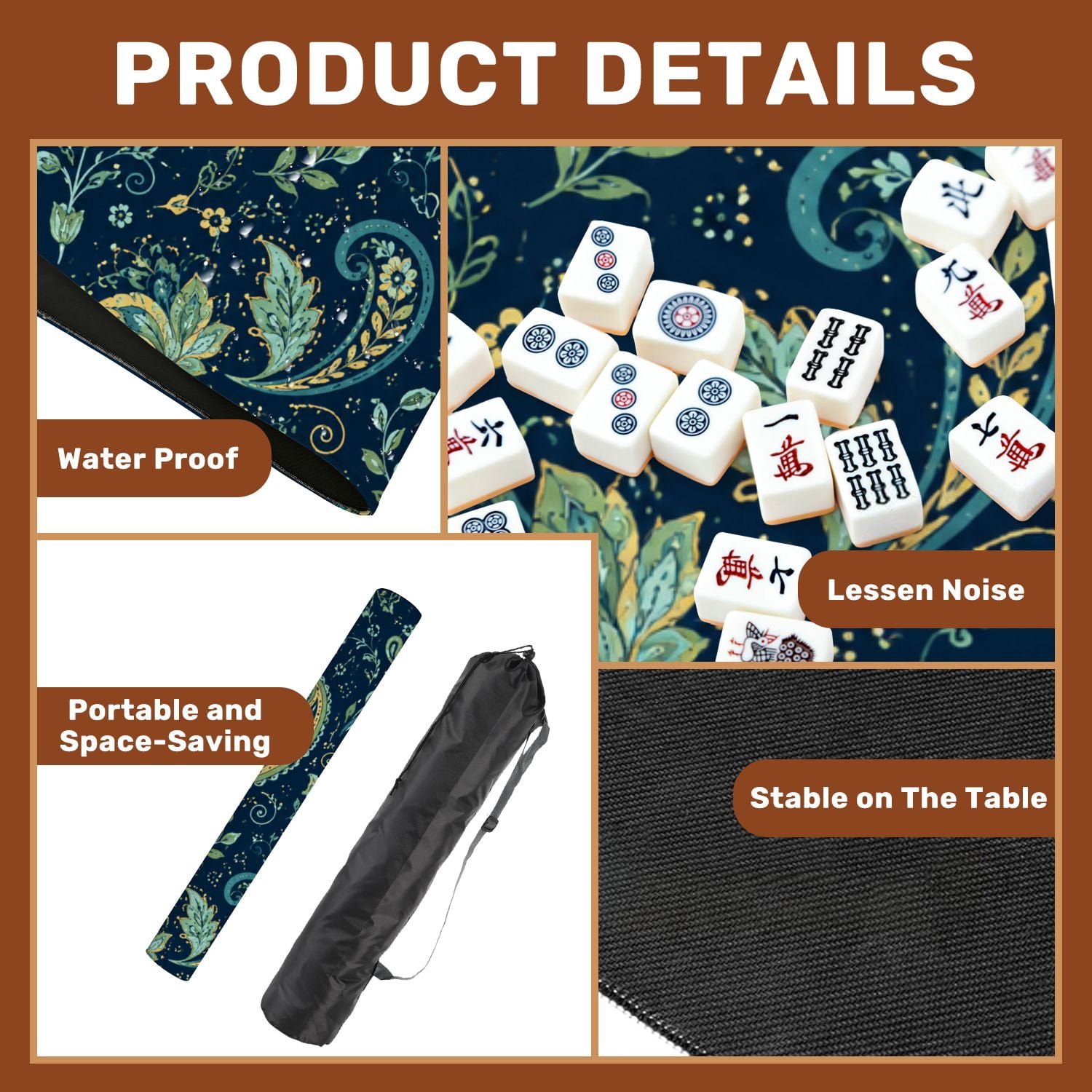 Mahjong Mat 31.5" x 31.5" Floral Paisley Navy Turquoise Vintage Style Non-Slip Noise Reduction American Mahjong Tiles Table Cover for Dominoes Poker Card Board Games Gift