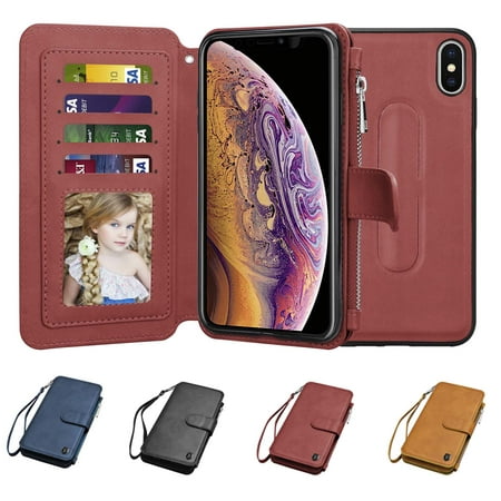 Njjex Wallet Phone Case For Apple iPhone XS Max / iPhone XS / iPhone X, Zipper Detachable Magnetic 8 Card Slots Card Slots Money Pocket Clutch Cover Zipper Wallet Purse Case Wrist Strap -Wine (Best Mobile Phone For The Money)