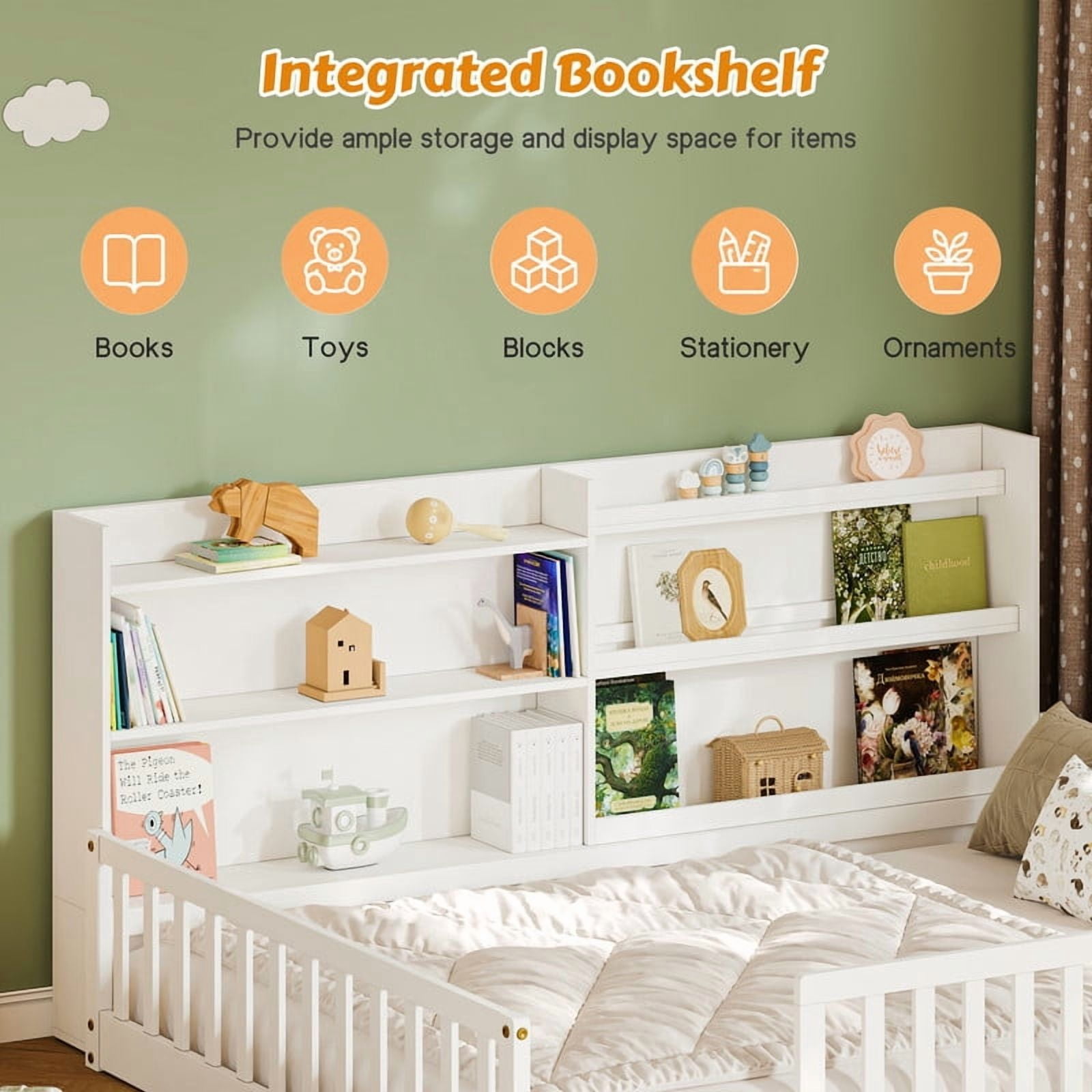 Twin Size Kids Montessori Floor Bed with Bookshelf & Safety Guardrail, Wood Low-Profile Platform Bed Frame with Slats