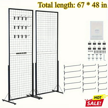 Retail Display Table Grid Wall Panel Tower, 2PACK Wire Grid Wall Display Rack with T-Shaped Base, Double-Sided Grid Wall Panel for Craft Exhibitions, with Additional Clips And Hooks
