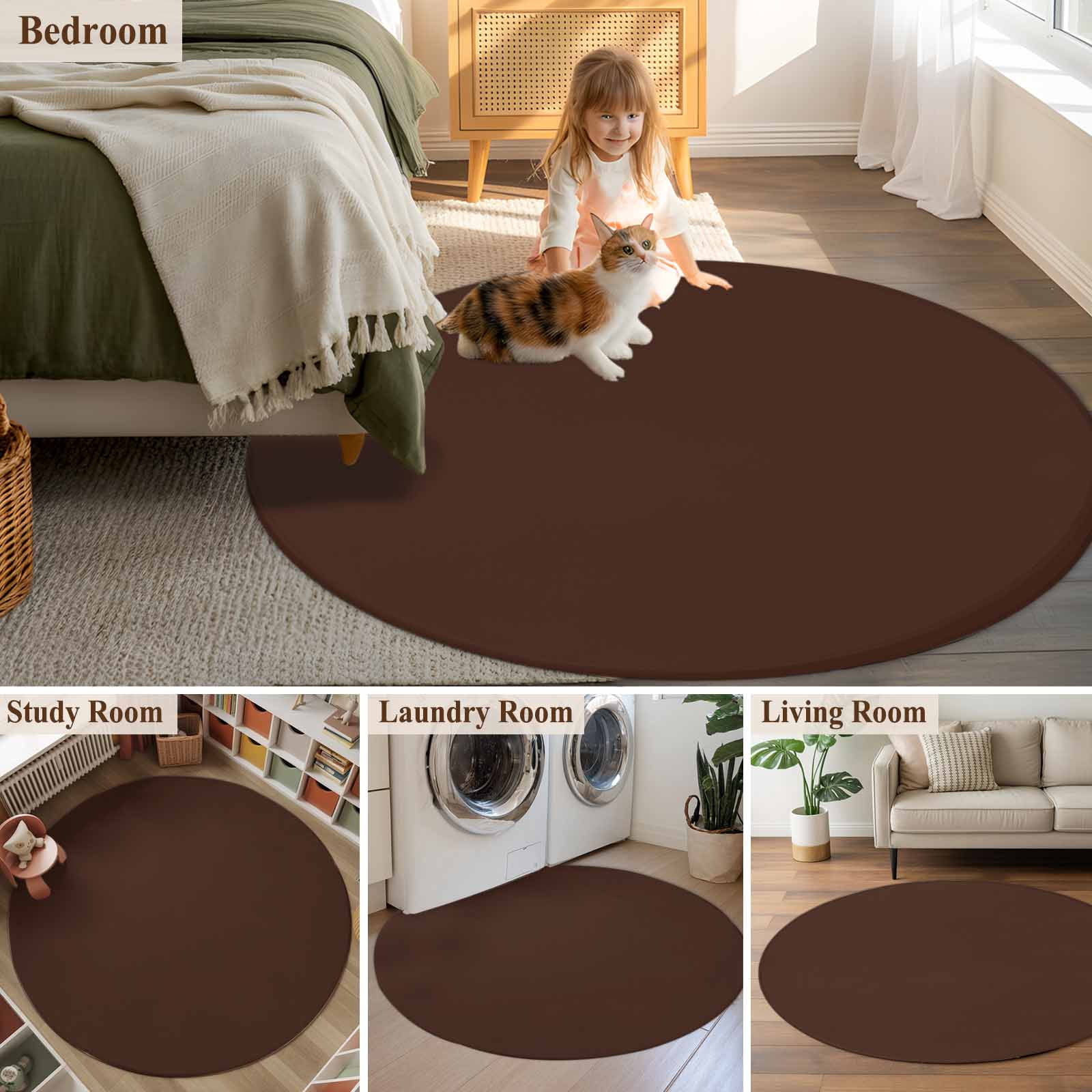 Round Rugs 8 Ft, Brown Non Slip Area Rugs for Kitchen Bedroom Entryway, Pure Color Washable Carpet Runner Rug Floor Mats for Bedroom Home Decor Aesthetics Contemporary Luxury