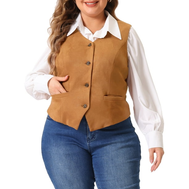 Chalecos de mujer de tallas grandes Agnes Orinda, con cuello en V, completamente forrados, botones, vestido de trabajo elegante, chaleco de esmoquin 1X marrón