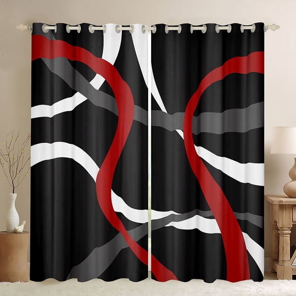 Homewish Geometric Waves Striped Black Out Curtains,Modern Minimalist Lines Curtains Pack of 2 (42x63 Each),Gray White Red Bedroom Curtains For Girls Kids,Luxury Bedroom Decor