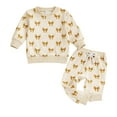 thumbnail image 3 of CUZIBR Christmas Outfit For Kids Boys Sweatsuits Cartoon Football Embroidered Striped Pullover And Trousers Two Piece Athletic Tracksuit Cute Winter Outfits,Beige,0-6 Months, 3 of 5