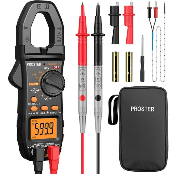 Proster Clamp Meter - TRMS 6000 Counts 800A DC/AC Current 600V DC/AC Voltage NCV Continuity Capacitance Resistance Frequency Diode Hz Test Auto Range Backlit Flashlight with Storage Bag